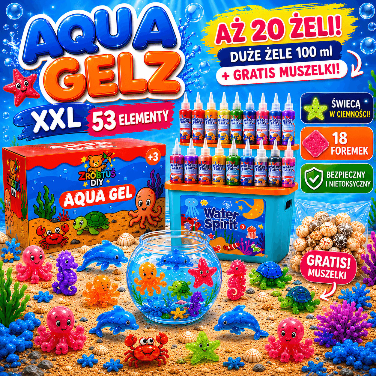 ZRÓBTUŚ DIY Aqua Gel zestaw 53el.- 18x wodne żele 100ml + 2x świecące żele 50ml + 18 foremek + (GRATIS)